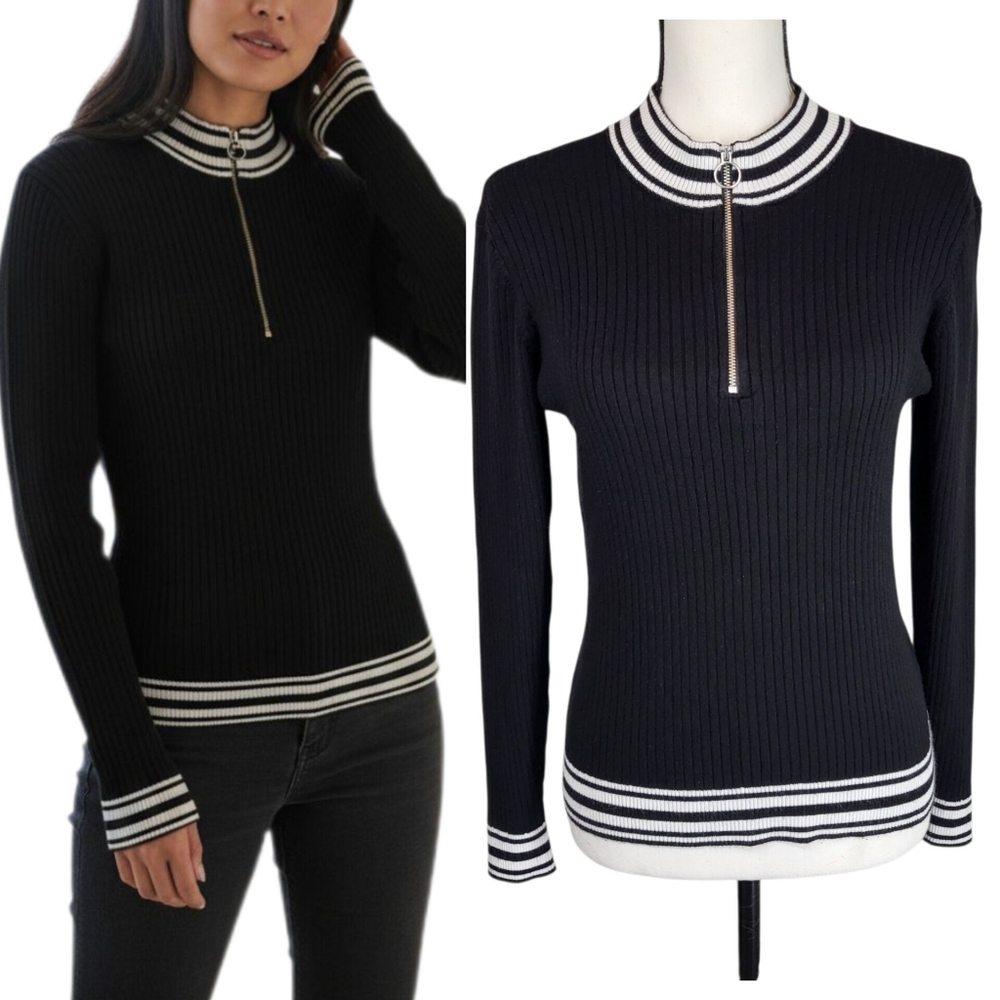 H&M Divided Ribbed Quarter Zip Sweater Black White Stripe Ring Pull Womens Large
